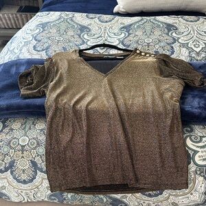Karl Lagerfeld Metallic Gold V-Neck Short Sleeve Top